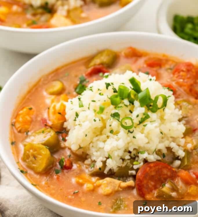 White bowl of keto gumbo with cauliflower rice