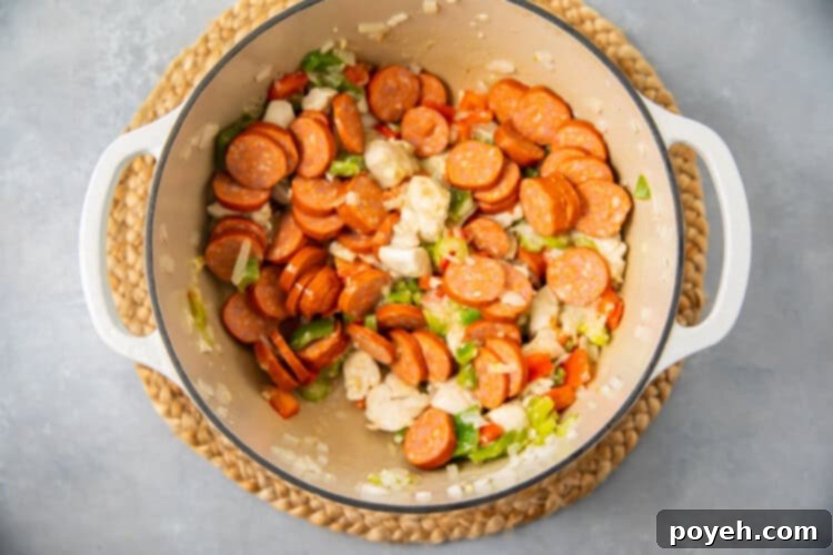 Veggies and andouille for gumbo