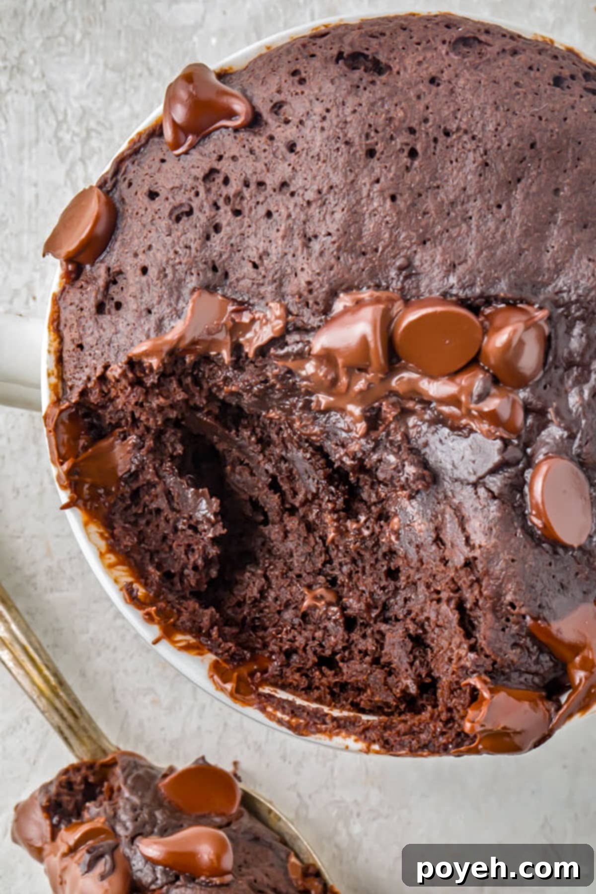 Gluten-Free Mug Cake Magic 3 A chocolate gluten-free mug cake in a white mug, with a large spoonful of cake scooped out and resting next to it, showing its moist and fluffy texture.