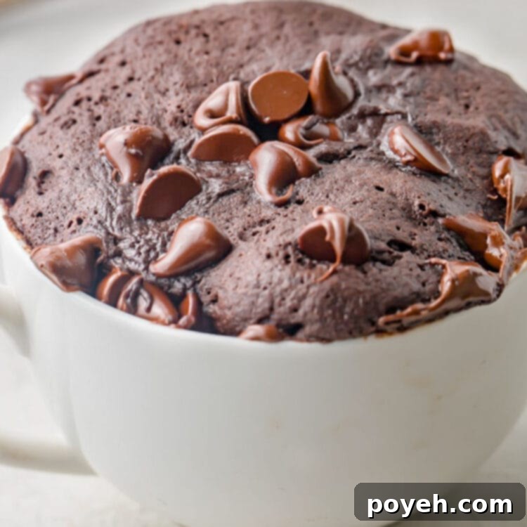 Gluten-Free Mug Cake Magic 7 Side view of a gluten free chocolate mug cake in a white coffee mug.