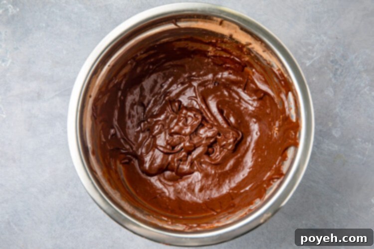 Gluten-Free Mug Cake Magic 5 Chocolate mug cake batter in a large silver mixing bowl, showing its smooth and rich consistency.