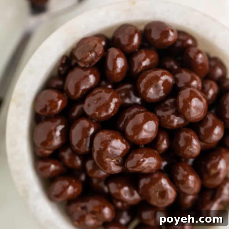 Chocolate covered espresso beans in a small white bowl next to a silver spoon, presented beautifully for the recipe card.