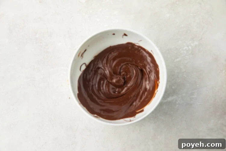 Melted chocolate being stirred in a bowl, showcasing its smooth, glossy texture.