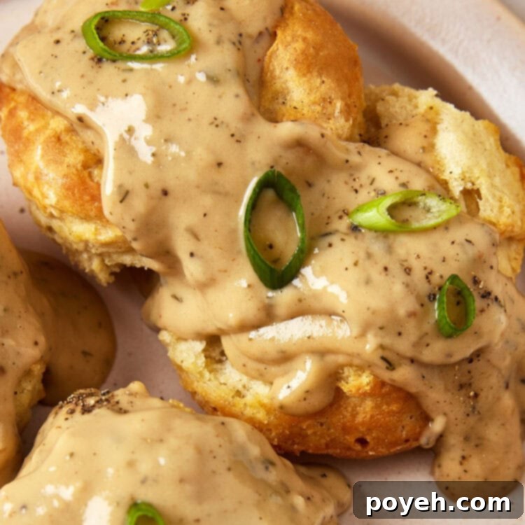Vegan biscuits and gravy topped with sliced green onions on a plate.