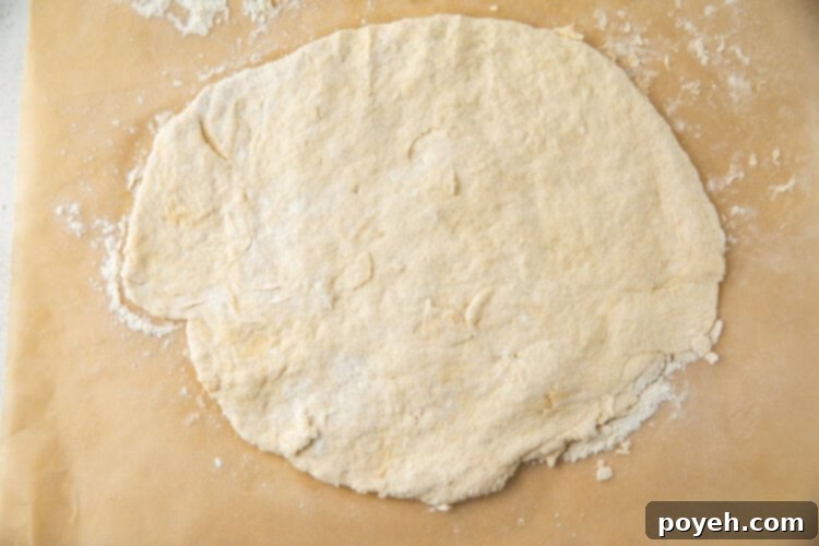 Flattened biscuit dough on parchment paper