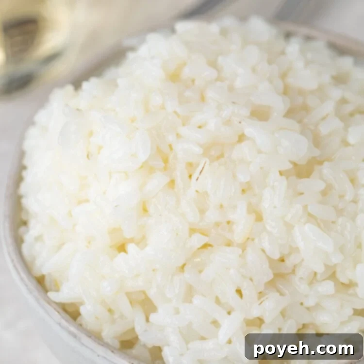 White sushi rice in a small silver bowl, taken from the side