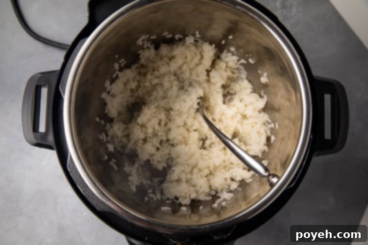 Fluffed sushi rice in the Instant Pot after cooking