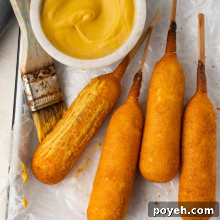 Air fryer corn dogs arranged on a serving tray, ready to be enjoyed.