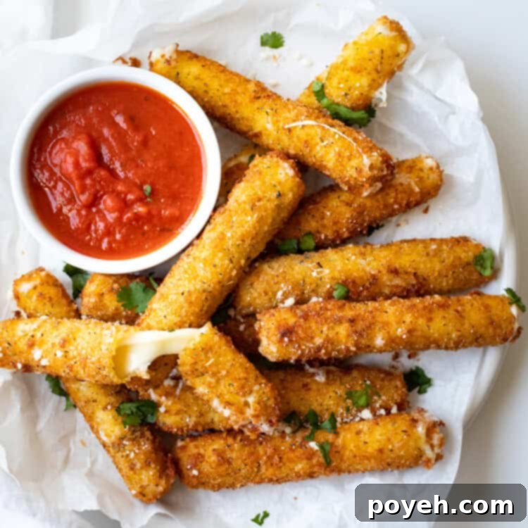 Overhead angle of gluten free mozzarella sticks on a white plate next to a ramekin of marinara sauce