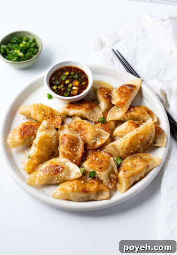 Plated chicken gyoza on a white dish, accompanied by a small bowl of gyoza dipping sauce and garnished with scallions.