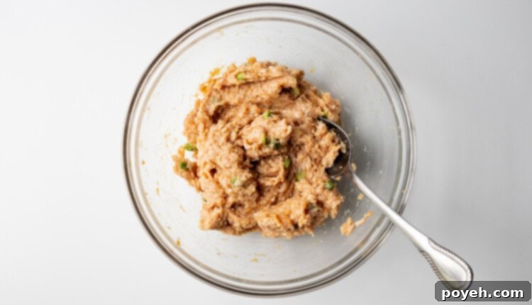 The chicken gyoza filling expertly mixed in a large glass mixing bowl, showcasing its uniform texture and readiness for dumpling assembly.