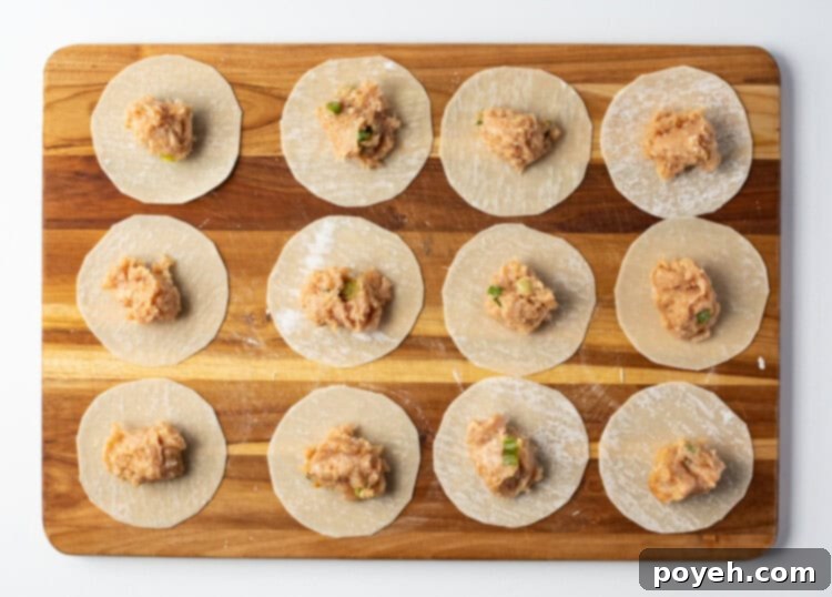 Round gyoza wrappers arranged on a wooden cutting board, each containing a precise spoonful of chicken gyoza filling, poised for folding.