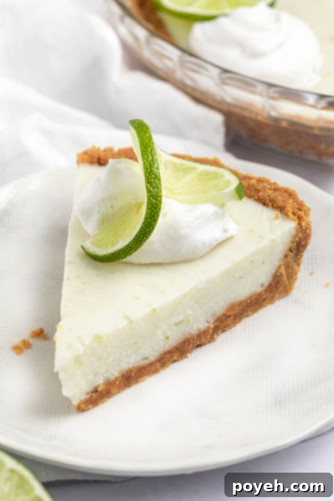 A beautifully presented slice of creamy Vegan Key Lime Pie on a plate, garnished with lime zest.