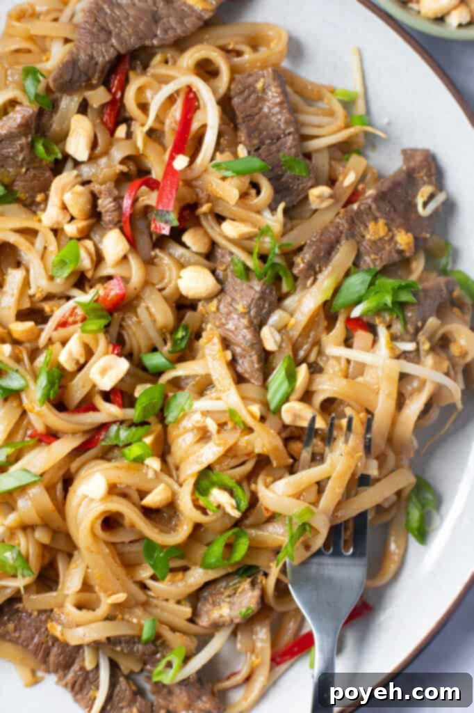 Close up photo of beef pad thai, showcasing the juicy beef and glossy noodles.