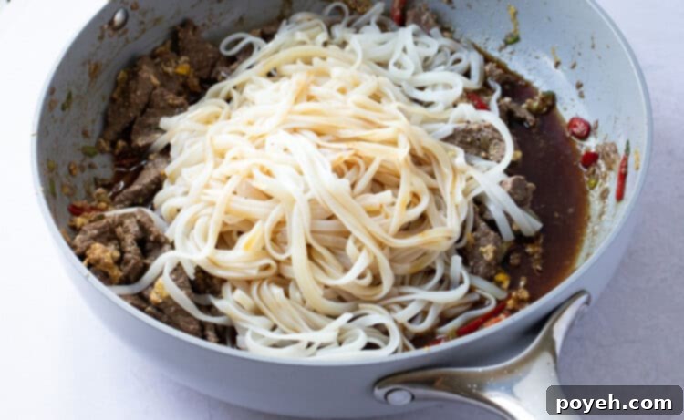 Noodles and pad Thai sauce being tossed with beef and red chilis in a large skillet.
