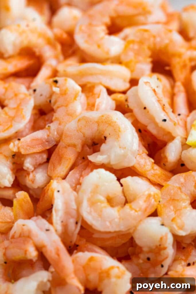 Close up image of a pile of cooked shrimp, ready to be served.