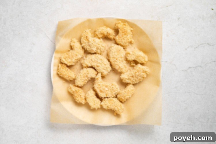 Breading king oyster mushrooms for vegan shrimp