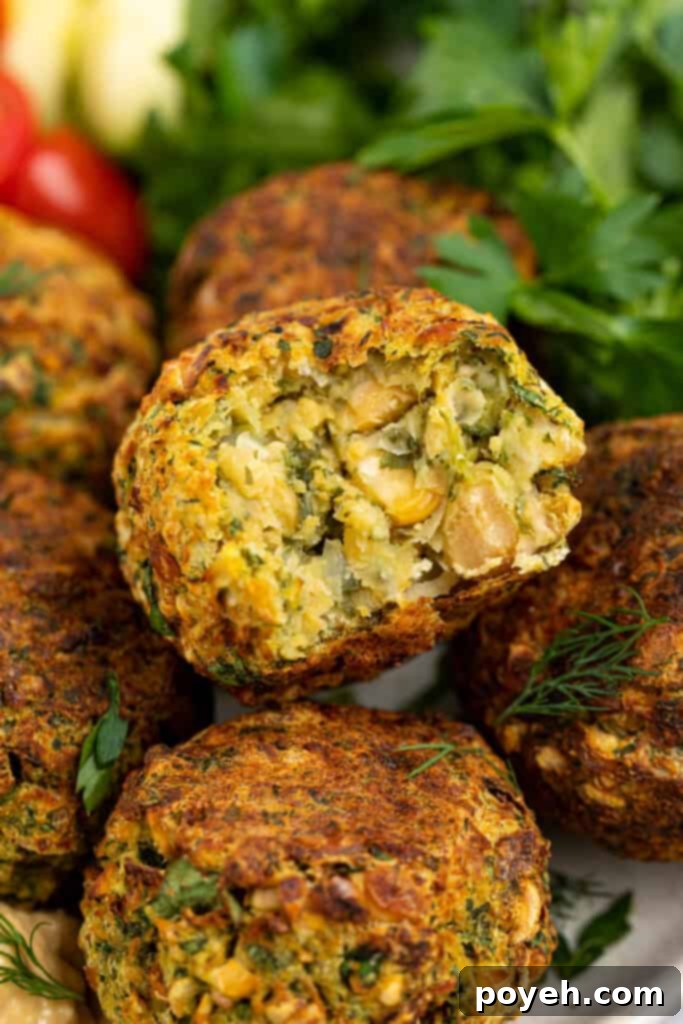 Close up image of air fryer falafel with a bite removed, showcasing its crispy exterior and vibrant green interior