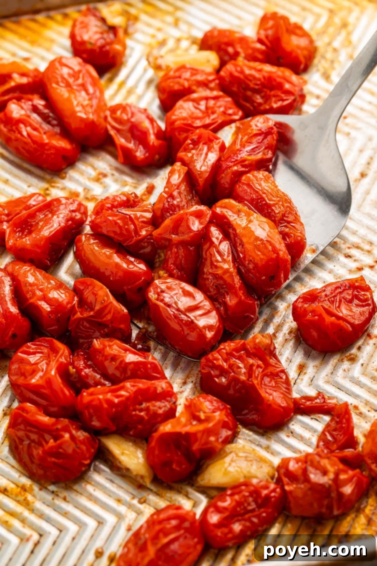 Wrinkled, perfectly roasted grape tomatoes being lifted off a baking sheet with a silver spatula, showcasing their caramelized texture.