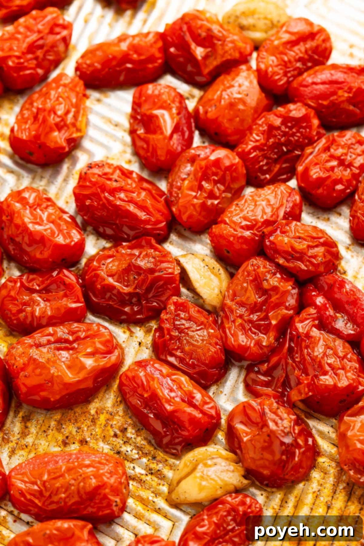 Wrinkled, roasted grape tomatoes and garlic cloves resting on a silver baking sheet, ready to be served.