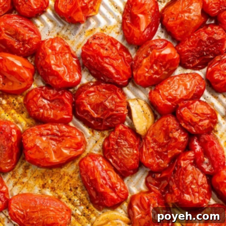 Wrinkled, roasted grape tomatoes and garlic cloves on a silver baking sheet, ready to be served.