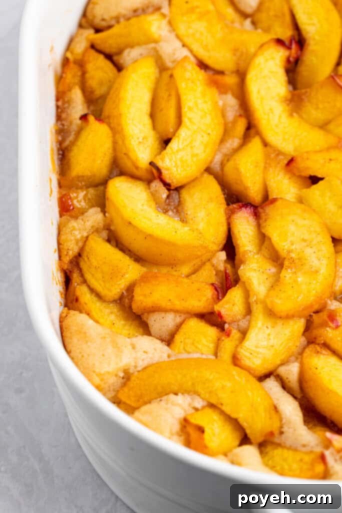 vegan peach cobbler in a baking dish