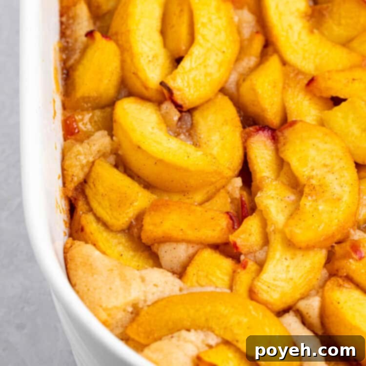 vegan peach cobbler in a baking dish