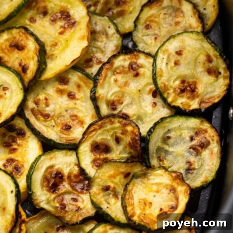 Several discs of yellow and green squash in an air fryer basket.