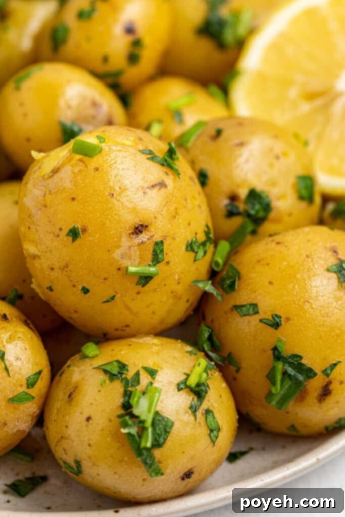 Close-up of fluffy, herbed steamed potatoes on a plate with a lemon wedge, ready to be enjoyed.