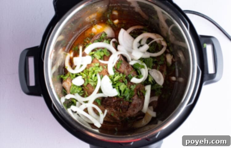 Flank steak topped with fresh cilantro and onion in marinade inside an Instant Pot