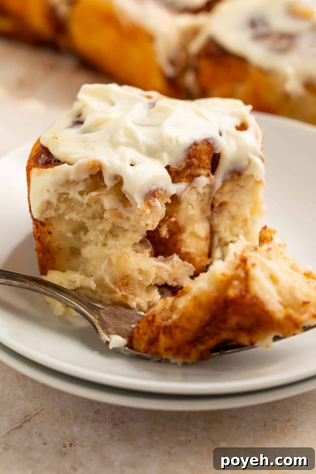 Close-up of a healthy cinnamon roll with cream cheese frosting