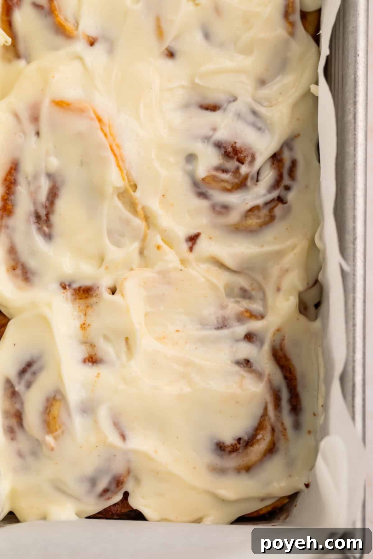 Overhead view of freshly baked cinnamon rolls in a pan