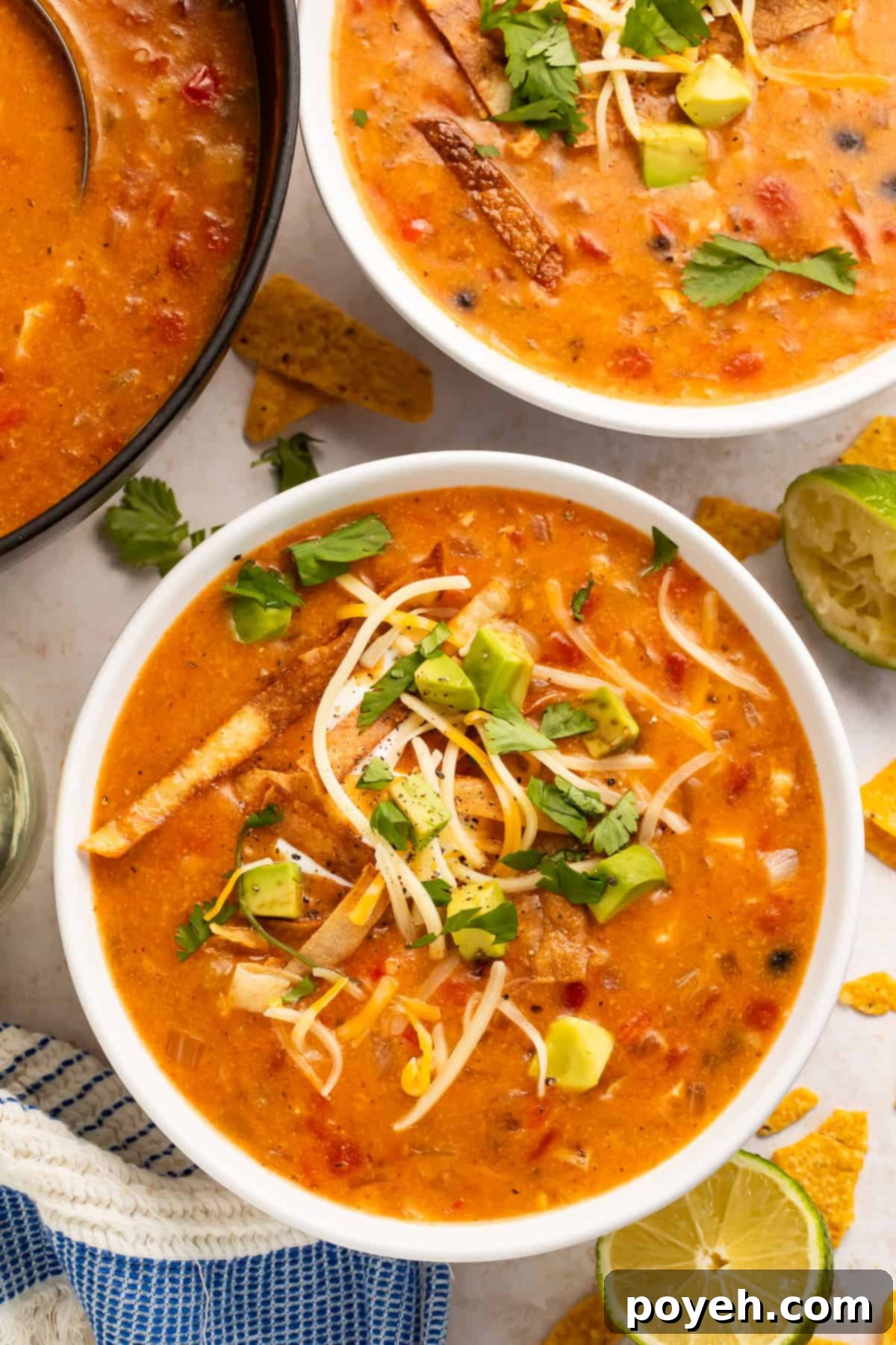 Bowls of Chicken Tortilla Soup with Toppings