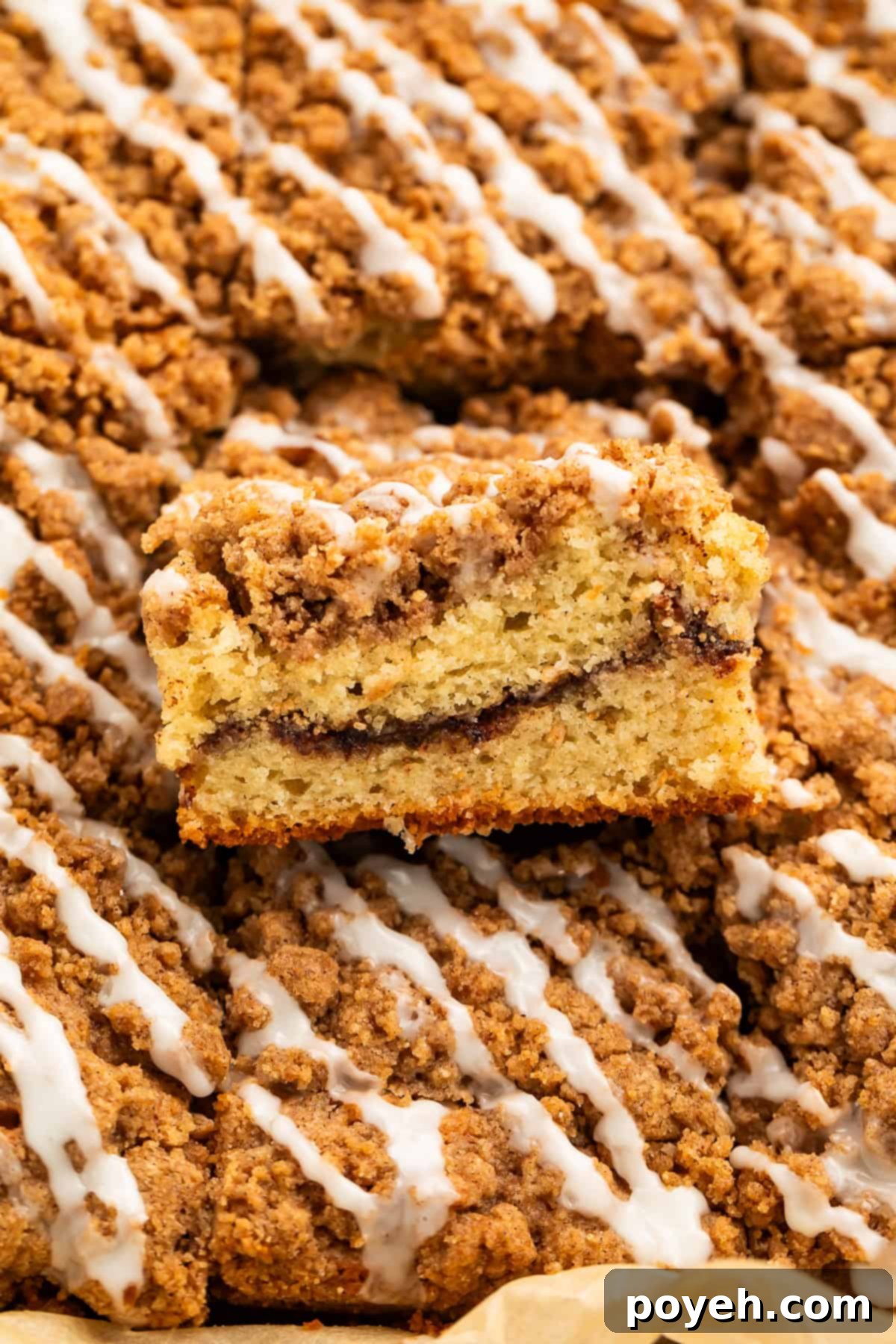 Close-up of a slice of gluten-free coffee cake showcasing the cinnamon swirl.
